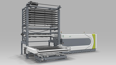 Sistema di carico, scarico e stoccaggio dei fogli di lamiera in un sistema di taglio laser 2D