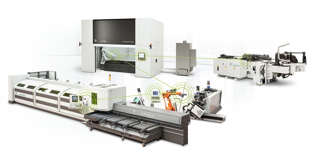 Arbeitsinsel mit Rohrbiegemaschine, Rohrumformmaschine und Rohrlaser